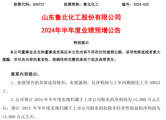 鲁北化工2024年上半年预计净利15亿同比增加1091% 钛白粉产品售价增长(图1)